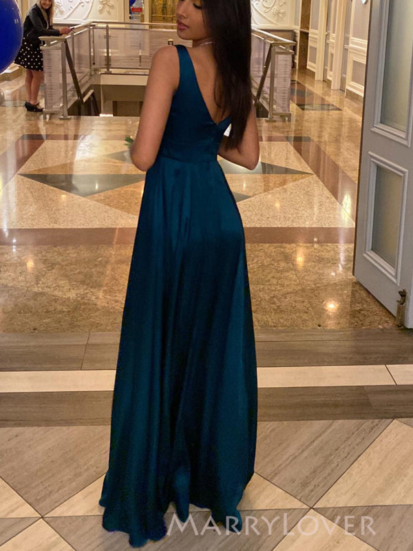 Floor-length A-line Satin V-neck Long Evening Prom Dresses, V-back Prom Dress, MR9267