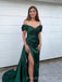 Off Shoulder Side Slit Dark Green Satin Long Evening Prom Dresses, MR9271