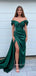 Off Shoulder Side Slit Dark Green Satin Long Evening Prom Dresses, MR9271