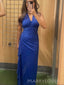 Royal Blue Chiffon V-neck Long Evening Prom Dresses, Side Slit Prom Dress, MR9276