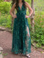 A-line Green Lace V-neck Long Evening Prom Dresses, Tulle Prom Dress, MR9278