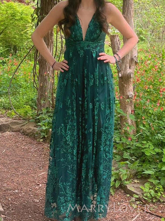 A-line Green Lace V-neck Long Evening Prom Dresses, Tulle Prom Dress, MR9278