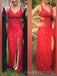 Mermaid Red Lace V-neck Long Evening Prom Dresses, MR9279