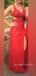 Mermaid Red Lace V-neck Long Evening Prom Dresses, MR9279