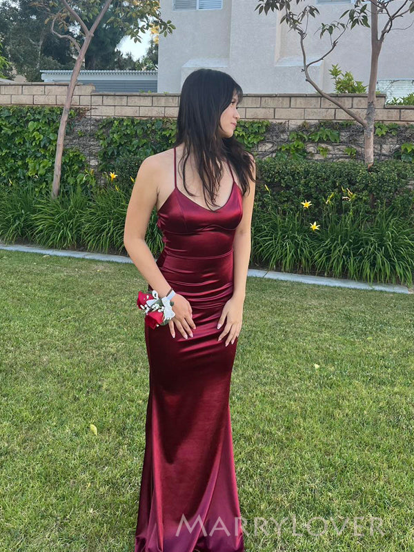 Gorgeous Burgundy Satin Mermaid Long Evening Prom Dresses, Spaghetti Straps Prom Dress, MR9280