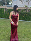 Gorgeous Burgundy Satin Mermaid Long Evening Prom Dresses, Spaghetti Straps Prom Dress, MR9280