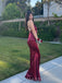 Gorgeous Burgundy Satin Mermaid Long Evening Prom Dresses, Spaghetti Straps Prom Dress, MR9280