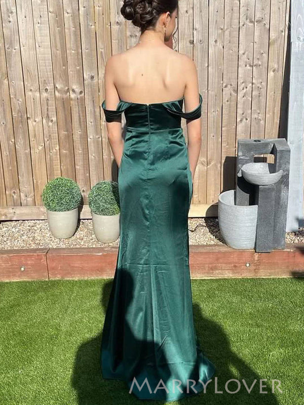 Lovely Dark Green Satin Side Slit Long Evening Prom Dresses, Off Shoulder prom dress, MR9282