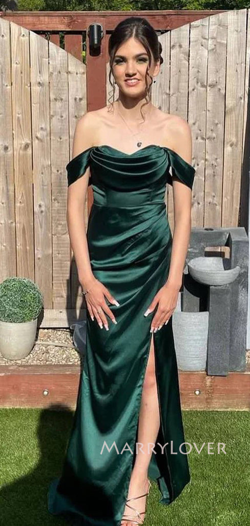 Lovely Dark Green Satin Side Slit Long Evening Prom Dresses, Off Shoulder prom dress, MR9282