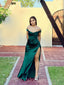 Green Satin Off Shoulder Long Evening Prom Dresses, High Slit prom dress, MR9285