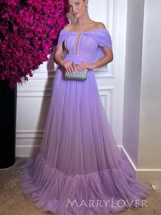 Floor-length Purple Tulle Long Evening Prom Dresses,  Off Shoulder A-line Prom Dress, MR9287