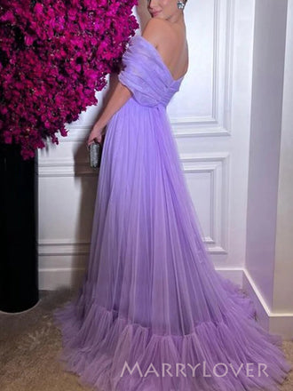 Floor-length Purple Tulle Long Evening Prom Dresses,  Off Shoulder A-line Prom Dress, MR9287