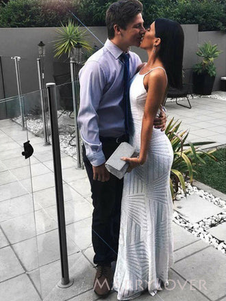 Morden White Sequins Mermaid Long Evening Prom Dresses, Backless Spaghetti Straps Prom Dress, MR9288