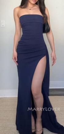 Simple Strapless Navy Blue Mermaid Long Evening Prom Dresses, MR9319