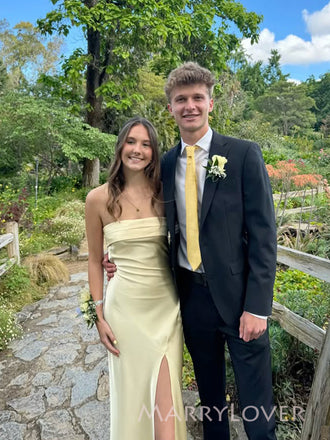 Morden Light Yellow Satin Strapless Long Evening Prom Dresses, Mermaid Prom Dress, MR9322