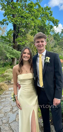 Morden Light Yellow Satin Strapless Long Evening Prom Dresses, Mermaid Prom Dress, MR9322