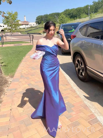 Elegant Blue Satin Mermaid Long Evening Prom Dresses, Off Shoulder Prom Dress, MR9324