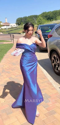 Elegant Blue Satin Mermaid Long Evening Prom Dresses, Off Shoulder Prom Dress, MR9324