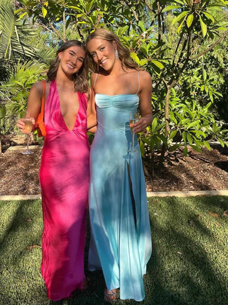 Sexy Blue Satin Mermaid Side Slit Long Evening Prom Dresses, MR9327