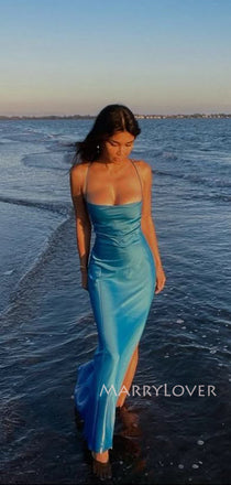 Sexy Spaghetti Straps Blue Long Evening Prom Dresses, Mermaid Prom Dress, MR9334
