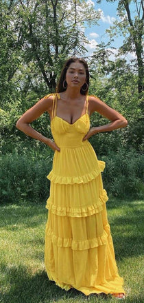 Formal A-line Yellow Spaghetti Straps Long Evening Prom Dresses, MR9340