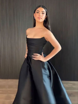 Formal Strapless Black Satin A-line Long Evening Prom Dresses, MR9346