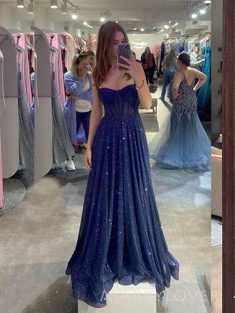 Sparkly Blue Sequins Long Evening Prom Dresses, A-line Prom Dress, MR9348