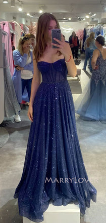 Sparkly Blue Sequins Long Evening Prom Dresses, A-line Prom Dress, MR9348