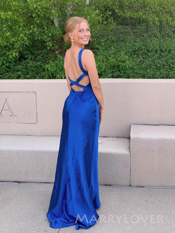 Gorgeous Mermaid Satin V-neck Long Evening Prom Dresses, Backless Prom Dress, MR9351