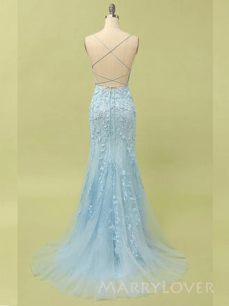 Spaghetti Straps Blue Tulle Appliques Long Evening Prom Dresses, Mermaid Prom Dress, MR9353