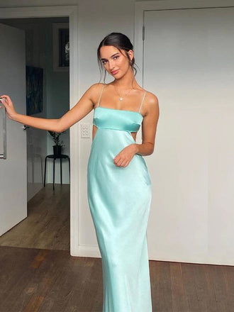 Sexy Backless Satin Mermaid Long Evening Prom Dresses, Spaghetti Straps Prom Dress, MR9355