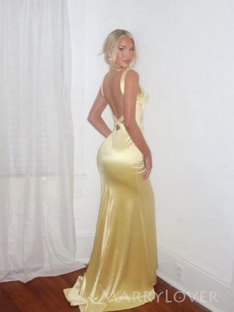 Lovely Backless Yellow Satin V-neck Long Evening Prom Dresses, Mermaid Prom Dress, MR9368