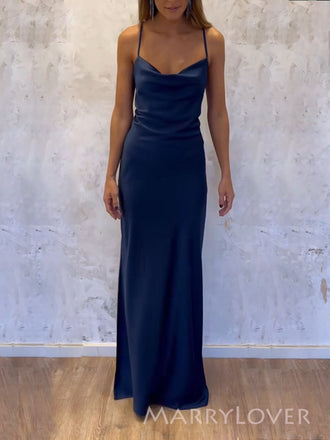 Navy Blue Satin Mermaid Spaghetti Straps Long Evening Prom Dresses, MR9377