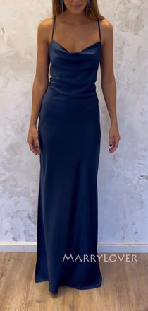 Navy Blue Satin Mermaid Spaghetti Straps Long Evening Prom Dresses, MR9377