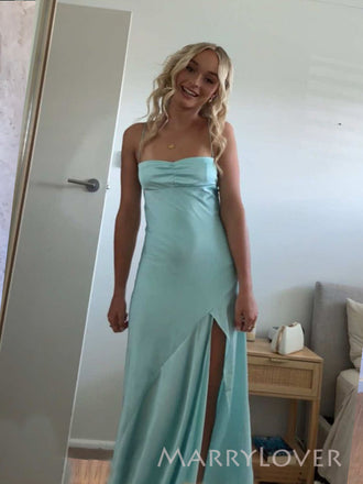 Morden Mermaid Blue Satin Spaghetti Straps Long Evening Prom Dresses, MR9378