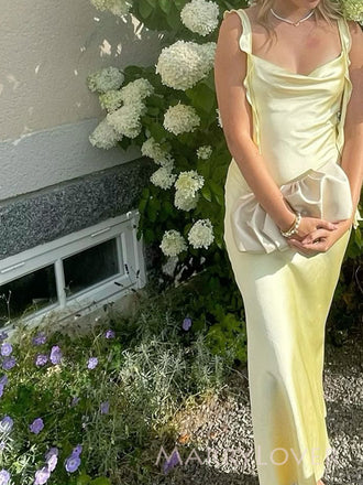 Gorgeous Yellow Satin Mermaid Straps Long Evening Prom Dresses, MR9383