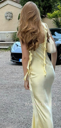 Gorgeous Yellow Satin Mermaid Straps Long Evening Prom Dresses, MR9383