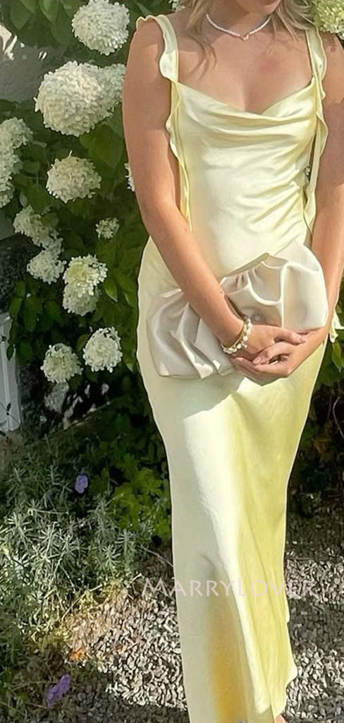 Gorgeous Yellow Satin Mermaid Straps Long Evening Prom Dresses, MR9383