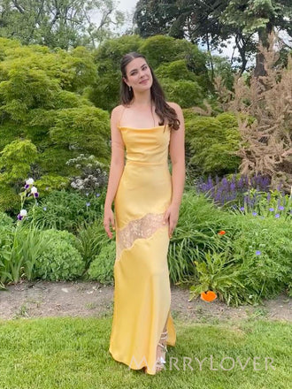 Simple Yellow Satin Lace Mermaid Long Evening Prom Dresses, MR9386