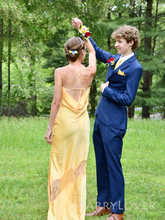 Simple Yellow Satin Lace Mermaid Long Evening Prom Dresses, MR9386