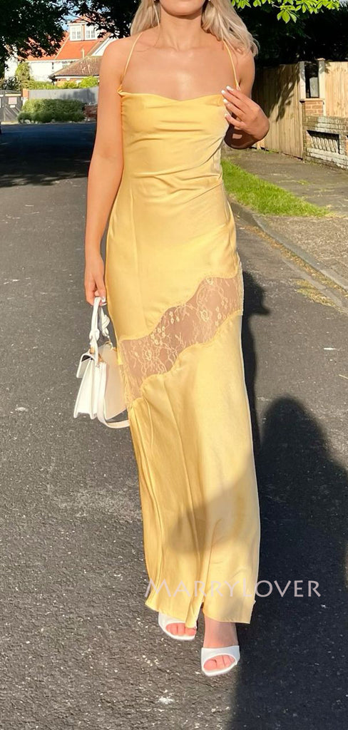 Simple Yellow Satin Lace Mermaid Long Evening Prom Dresses, MR9386