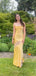 Simple Yellow Satin Lace Mermaid Long Evening Prom Dresses, MR9386