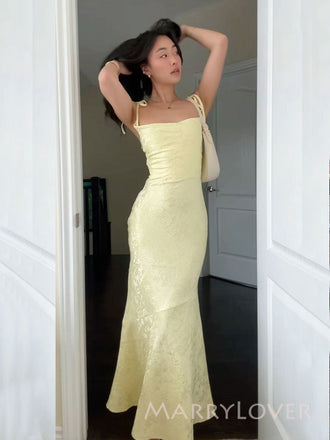Formal Yellow Mermaid Spaghetti Straps Long Evening Prom Dresses, MR9388