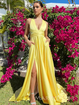 Lovely Yellow Satin A-line Long Evening Prom Dresses, Deep V-neck Prom Dress, MR9389