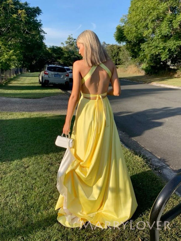 Lovely Yellow Satin A-line Long Evening Prom Dresses, Deep V-neck Prom Dress, MR9389