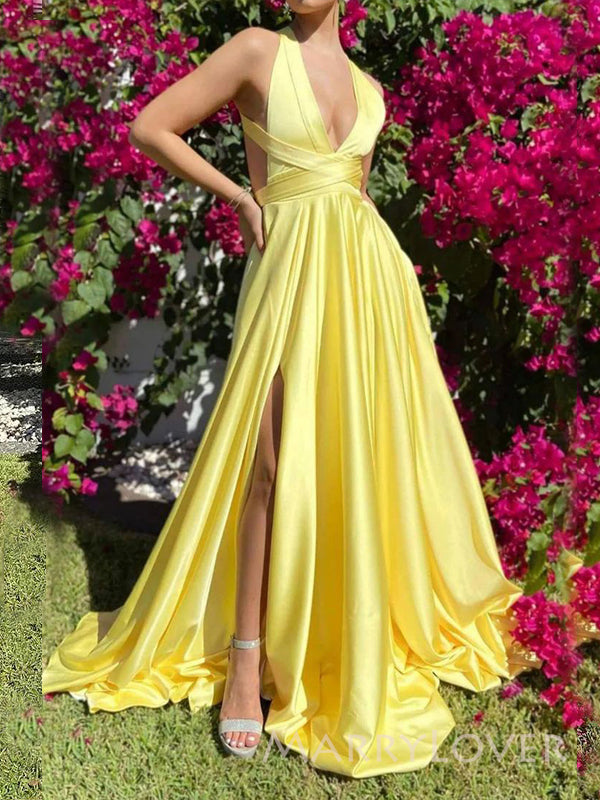 Lovely Yellow Satin A-line Long Evening Prom Dresses, Deep V-neck Prom Dress, MR9389