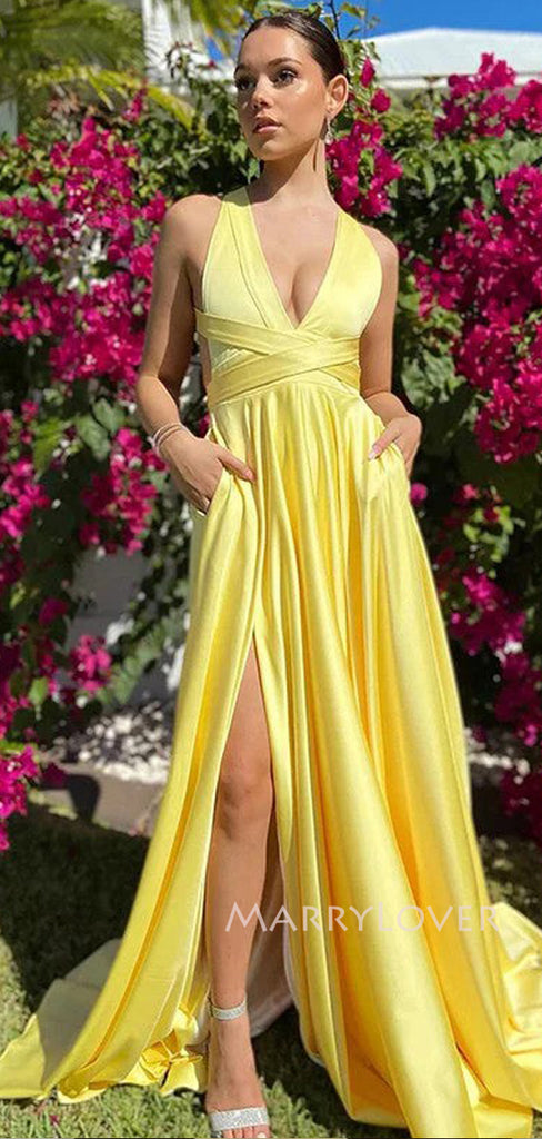 Lovely Yellow Satin A-line Long Evening Prom Dresses, Deep V-neck Prom Dress, MR9389