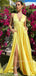 Lovely Yellow Satin A-line Long Evening Prom Dresses, Deep V-neck Prom Dress, MR9389