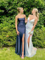 Simple Sheath Mermaid Navy Blue Side Slit Long Evening Prom Dresses, MR9391