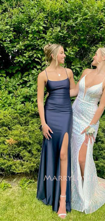 Simple Sheath Mermaid Navy Blue Side Slit Long Evening Prom Dresses, MR9391